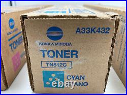 3 Genuine Factory Sealed Konica Minolta TN512 Black Cyan Magenta Toners