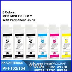6PC PFI-102/104 Refillable Ink Cartridge With Chip For Canon iPF650 750 755 760