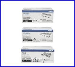 Set of 3 Genuine Sealed Brother TN-720 Toner Cartridges and DR-720 Imaging Drum